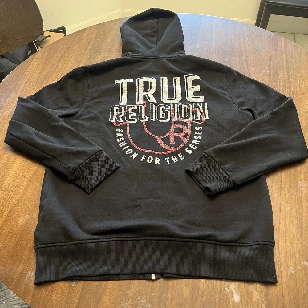 True Religion Men's Black Full Zip Graphic Print Hooded Hoodie Size L